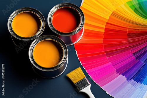 Top view of three open paint cans in orange red, purple with a paintbrush and rainbow color swatch fan on dark background