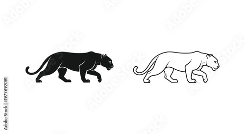Black panther silhouette and outline vector set, minimalist wild cat stalking icons, powerful predator animal mascot for sports branding and logo design