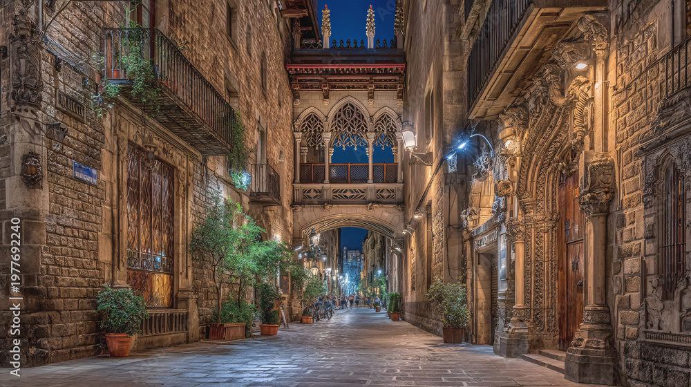 Fototapeta premium Narrow street lined with historic buildings and potted plants at night.