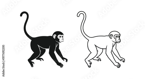 Minimalist monkey vector silhouettes, black and white primate line art icons, wild macaque animal graphics for logo design and educational materials