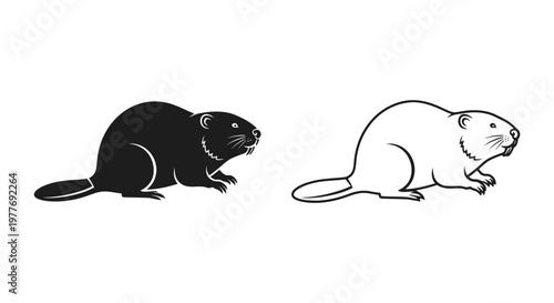 Minimalist beaver vector icons, black silhouette and line art beaver illustrations, Canadian wildlife animal symbols for logo design and branding
