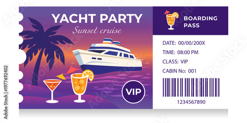Yacht party ticket with boarding pass for sunset cruise. Graphical invitation template featuring cruise ship and tropical cocktail. Illustration for summer vacation leisure travel event.