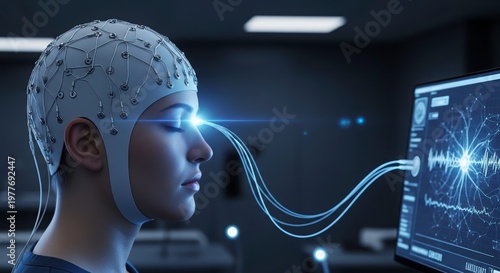 Person wearing braincomputer interface headset with wires to computer screen displaying neural activity graphs in dark room