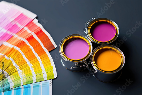 Top view of three open paint cans in orange red, purple with a paintbrush and rainbow color swatch fan on dark background