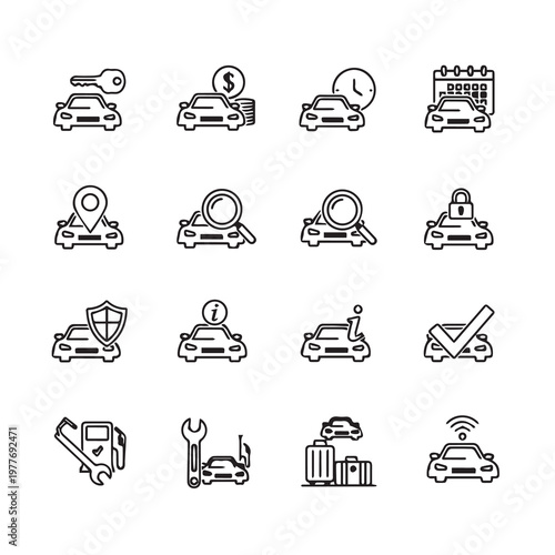 Car service icons with clean line art in a grid layout for automotive applications