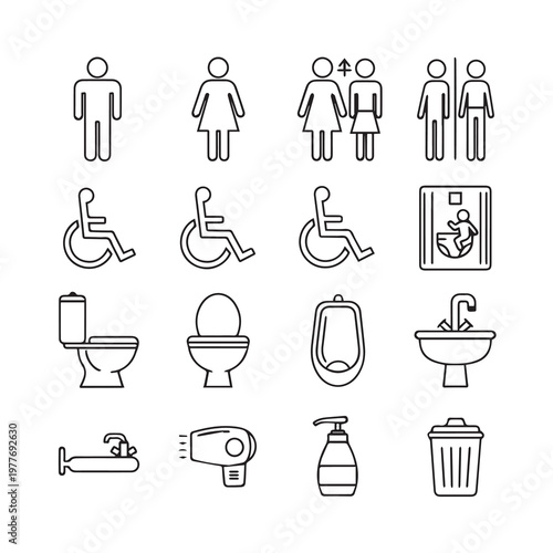 Clean Line Art Icons for Public Restrooms and Washrooms