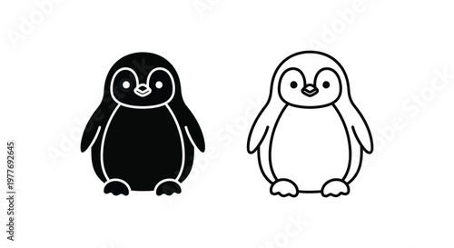 Minimalist penguin vector icons, cute baby penguin character set, black and white arctic animal illustrations for logo design and kids branding