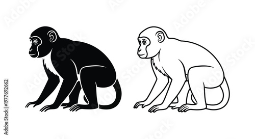Minimalist monkey vector silhouette and line art, black and white primate illustration set, sitting macaque monkey icons for logo design
