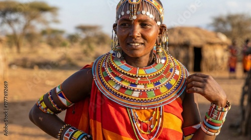 Maasai woman standing in a traditional Maasai boma, showcasing cultural heritage, vibrant attire, and rural lifestyle.