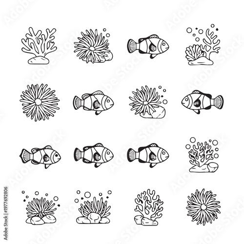Clownfish and Anemone Icons in a Simple Line Art Style for Ocean Themes