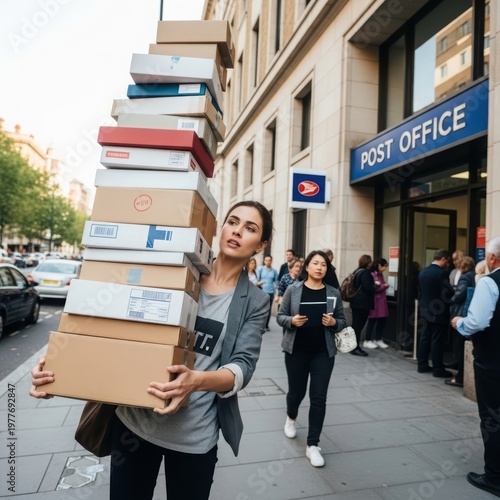 Woman carrying large stack of cardboard boxes on sidewalk outside post office