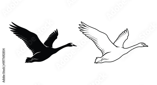 Vintage goose flying vector set, black silhouette and line art swan illustration, waterfowl bird icons for hunting and nature branding