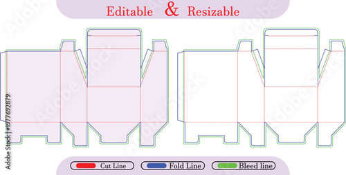 Box packaging die cut lines, editable resizable template