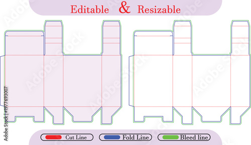 Packaging box die cut template, fold lines, cut lines, bleed lines