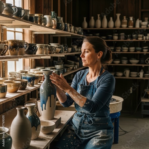 Woman in pottery studio working on ceramic vase with shelves of pottery around her