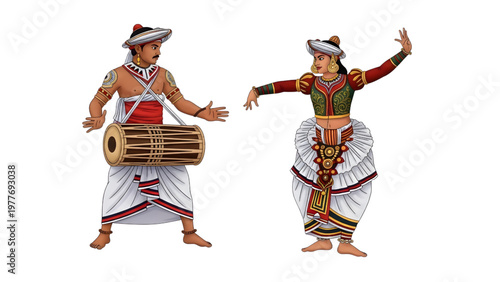 Sri Lankan Kandyan Dancer Playing Geta Bera Traditional Drum – Cultural Festival Performance Vector Isolated on White Background