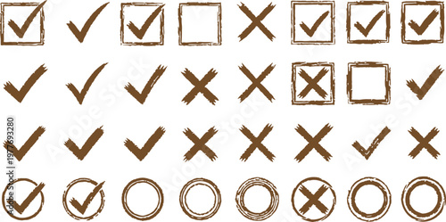 Collection of Checkmarks and Crosses in various forms on a white background