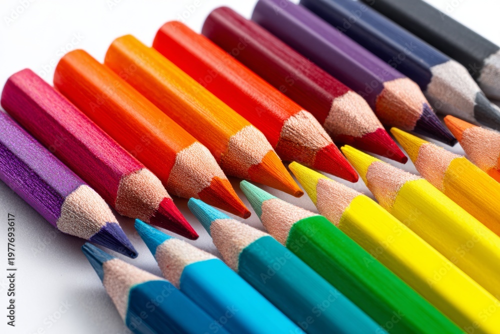 Fototapeta premium Bright Colored Pencils Arranged in a Gradient Line on a White Background for Art and School Projects