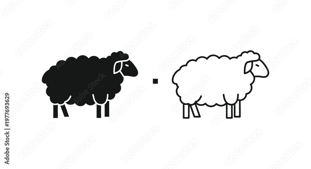 Obraz premium Minimalist black sheep and white sheep vector icons, standing farm animal silhouettes, simple line art sheep illustrations for business metaphors