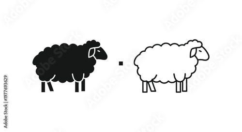 Minimalist black sheep and white sheep vector icons, standing farm animal silhouettes, simple line art sheep illustrations for business metaphors