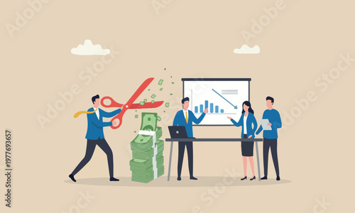 Cut bills reduce Cut to reduce cost and expense, teams together cash flow concept, businessman using big scissors to cut pile of bills and expense