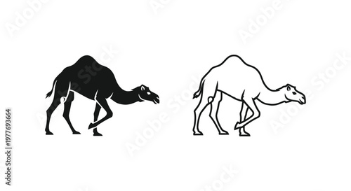 Minimalist camel vector icons, black silhouette and line art dromedary illustrations, desert animal profile graphics for logo design
