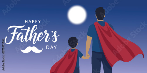 Happy father's day celebrating superhero dads with heartwarming illustration of father and child