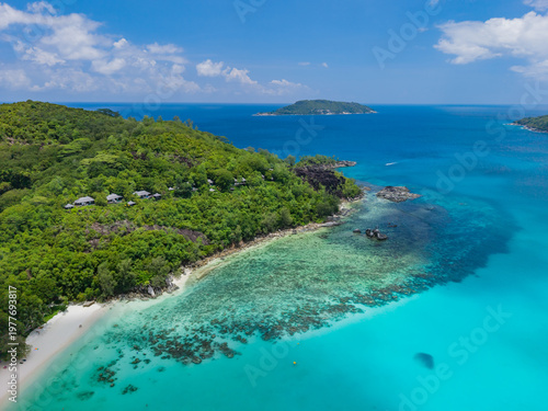 Aerial view of lush greenery meets the turquoise sea, revealing a hidden beach paradise along the coast, Victoria, Mahe Island, Seychelles.