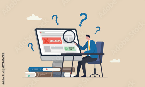Fake news or o media, screening or verify truth before sharing or believe concept, man with magnifying glass verify fake news on website on computer.