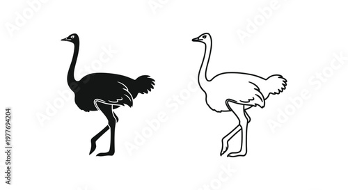 Minimalist ostrich vector icons, black silhouette and outline ostrich bird illustrations, wild African animal graphics for logo design