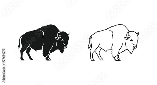 American bison silhouette and line art vector set, majestic buffalo icons for wilderness branding, minimalist wild animal illustrations on white background