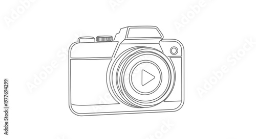 Line art illustration of a digital camera with a play button icon on the lens, representing photography and video recording
