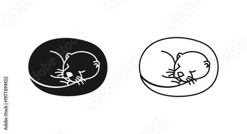 Minimalist sleeping mouse vector icons, black and white rodent line art set, circular hamster silhouette for pet shop branding and logos