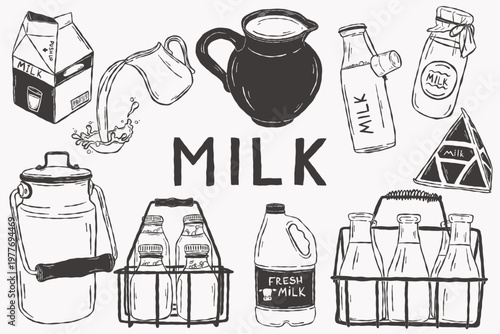 Milk dairy collection with bottles jars cartons and farm packaging