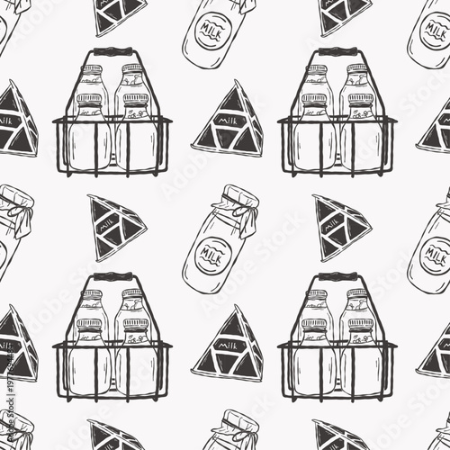 Seamless milk pattern with bottles jars crates and dairy elements
