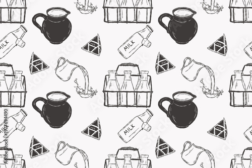 Bild auf Leinwand Milk bottles in crate carrier with glass containers sketch drawing