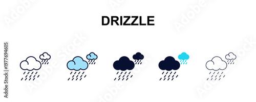 drizzle multi-style outline icon set - weather concept. Thin line, regular, filled, colored drizzle icon
