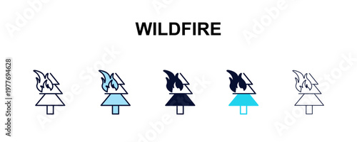 wildfire multi-style outline icon set - weather concept. Thin line, regular, filled, colored wildfire icon