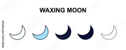 waxing moon multi-style outline icon set - weather concept. Thin line, regular, filled, colored waxing moon icon