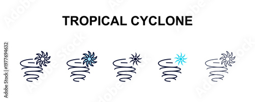 tropical cyclone multi-style outline icon set - weather concept. Thin line, regular, filled, colored tropical cyclone icon