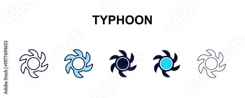 typhoon multi-style outline icon set - weather concept. Thin line, regular, filled, colored typhoon icon