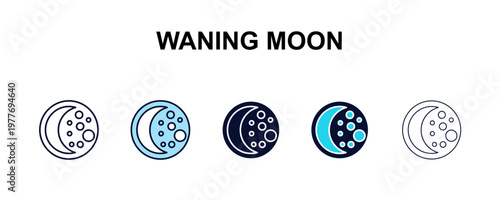 waning moon multi-style outline icon set - weather concept. Thin line, regular, filled, colored waning moon icon