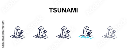 tsunami multi-style outline icon set - weather concept. Thin line, regular, filled, colored tsunami icon