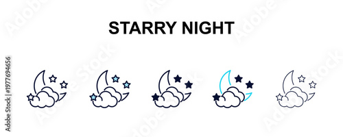starry night multi-style outline icon set - weather concept. Thin line, regular, filled, colored starry night icon
