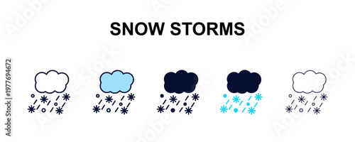 snow storms multi-style outline icon set - weather concept. Thin line, regular, filled, colored snow storms icon