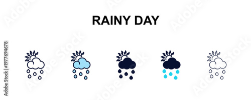 rainy day multi-style outline icon set - weather concept. Thin line, regular, filled, colored rainy day icon