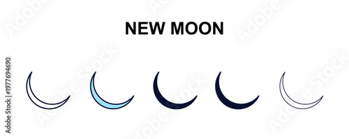 new moon multi-style outline icon set - weather concept. Thin line, regular, filled, colored new moon icon