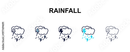 rainfall multi-style outline icon set - weather concept. Thin line, regular, filled, colored rainfall icon