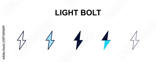 light bolt multi-style outline icon set - weather concept. Thin line, regular, filled, colored light bolt icon