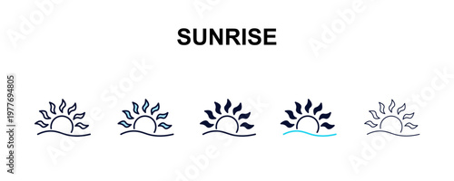 sunrise multi-style outline icon set - weather concept. Thin line, regular, filled, colored sunrise icon